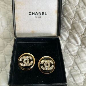 CHANEL Gold and Crystal CC Logo Button Earrings